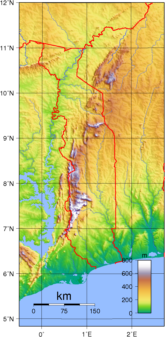 Togo, Relief, Topographie, Karte